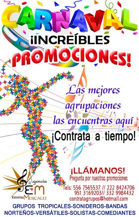 Contratacion de grupos musicales para carnaval. Telefonos informes cuantro cobra